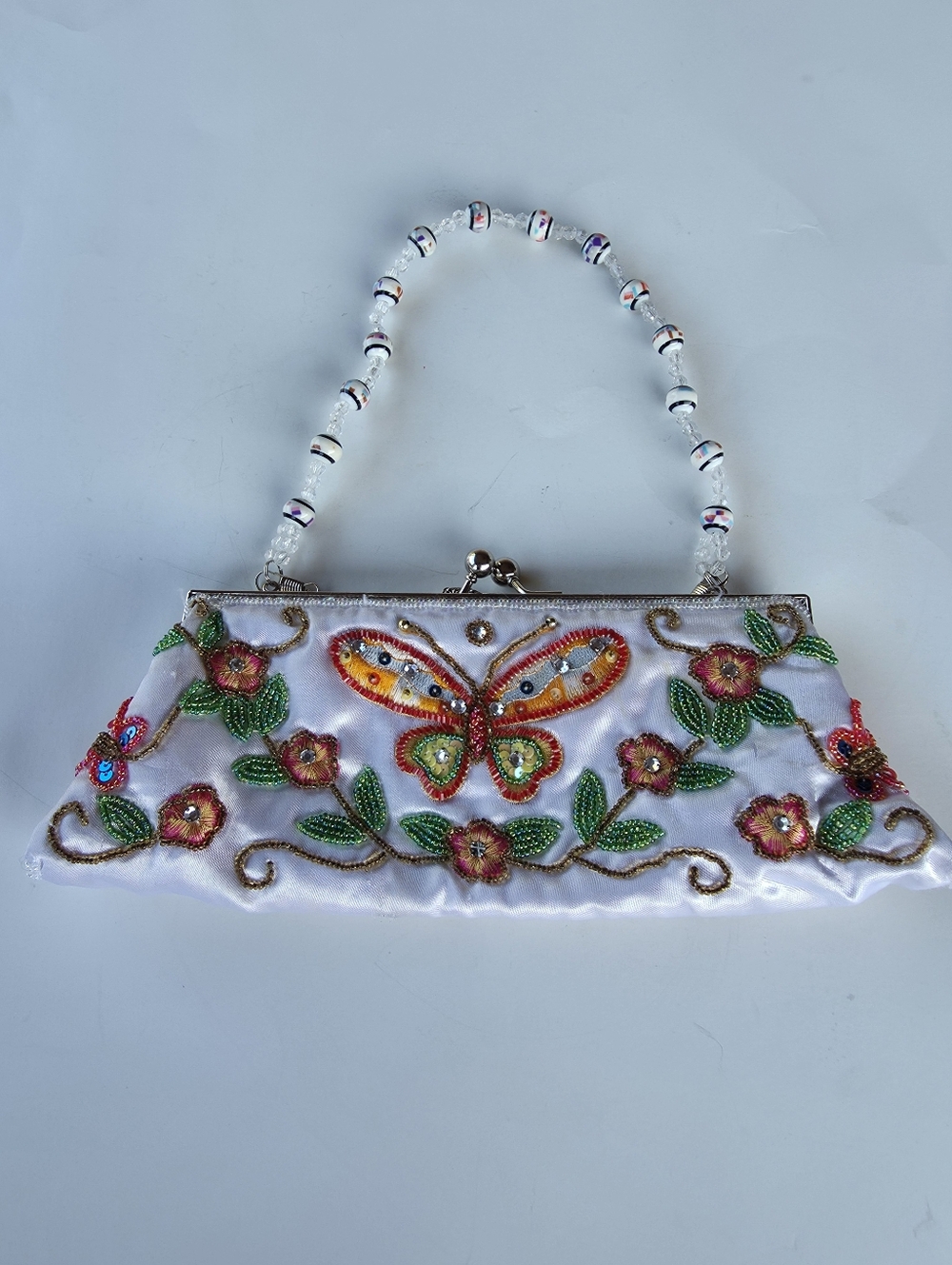 Butterfly White Beaded Handle Sequin Satin Evening Purse Clutch Kiss Lock Clasp